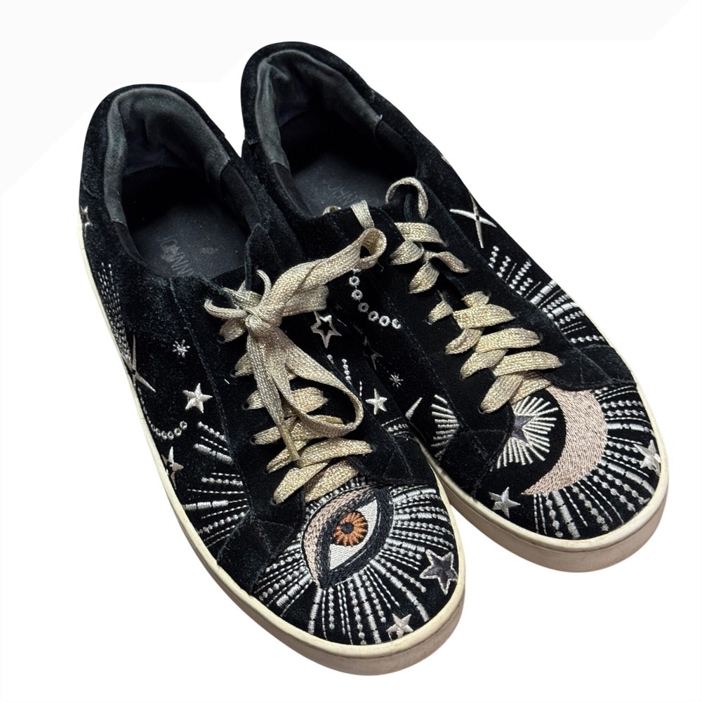 Johnny Was Black Suede Celestial Embroidered Sneakers Evil Eye Womens 7